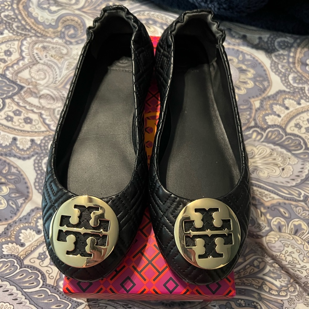 Black Quilted Tory Burch Minnie flats.